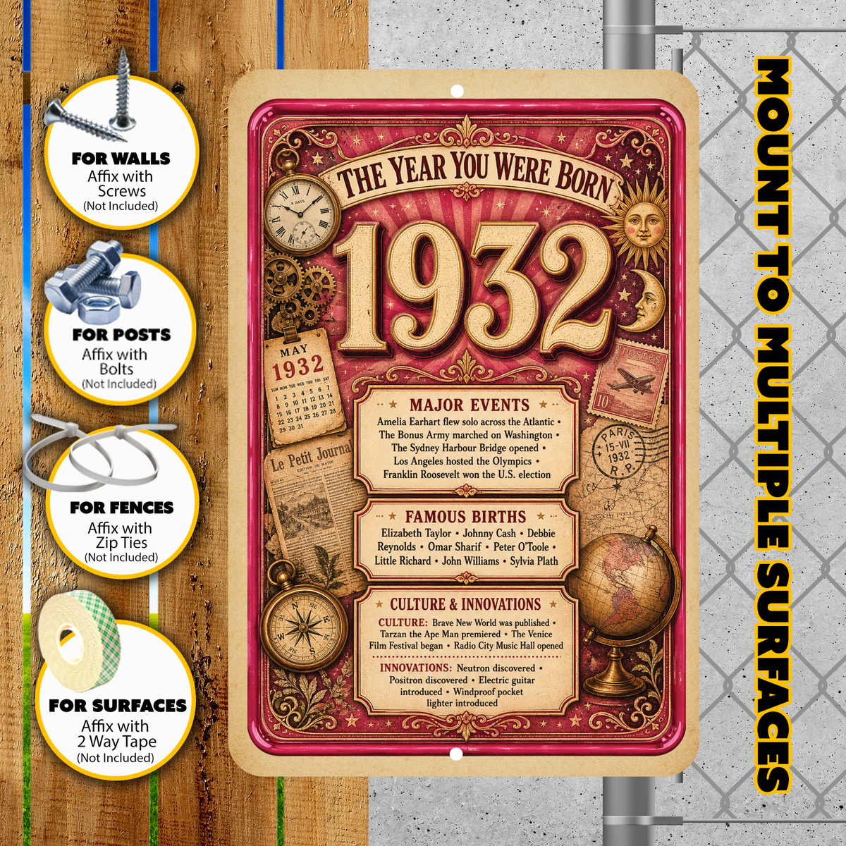 1932 The Year You Were Born Aluminum Sign – Vintage Birthday & Anniversary Gift