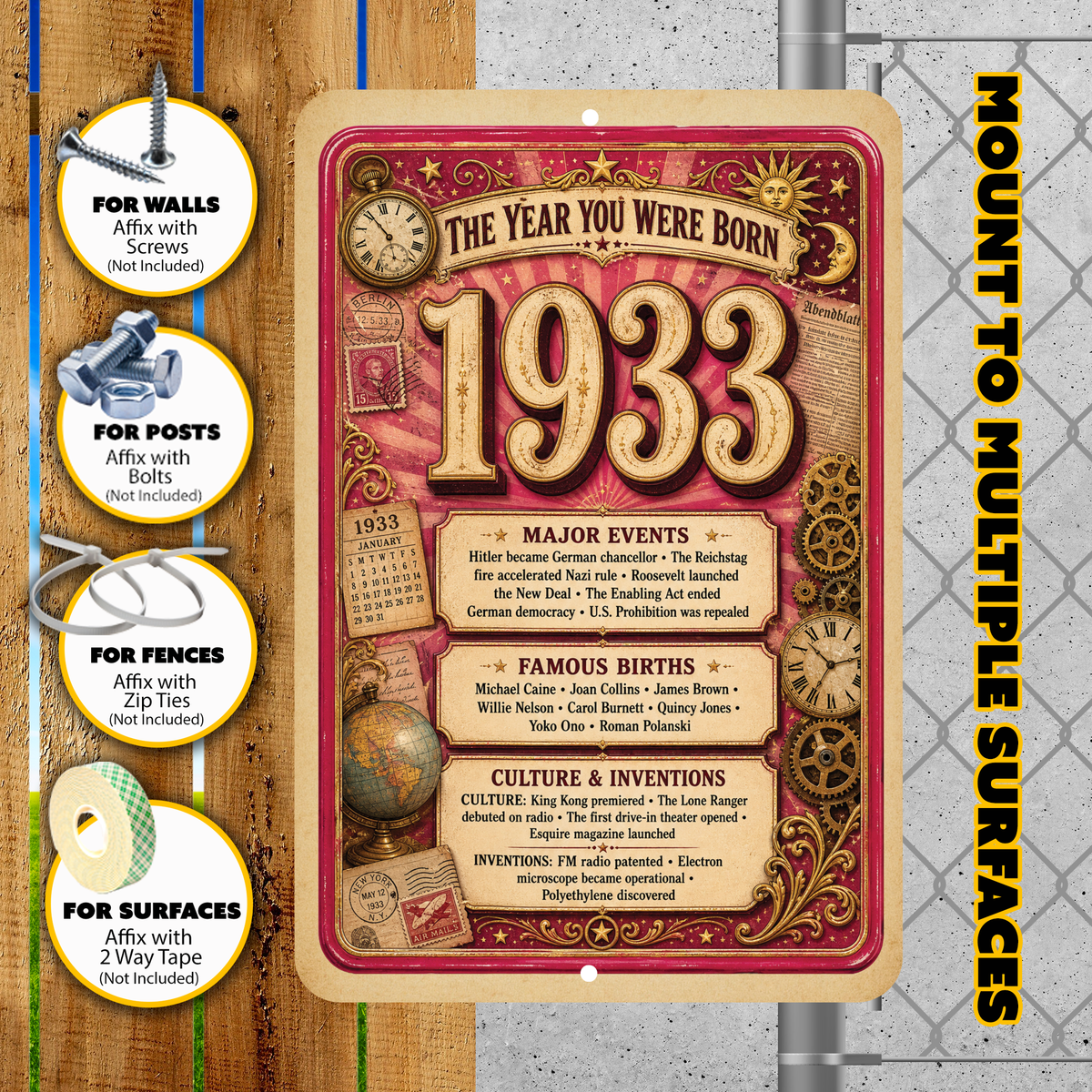 1933 The Year You Were Born Aluminum Sign – Vintage Birthday & Anniversary Gift