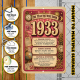1933 The Year You Were Born Aluminum Sign – Vintage Birthday & Anniversary Gift