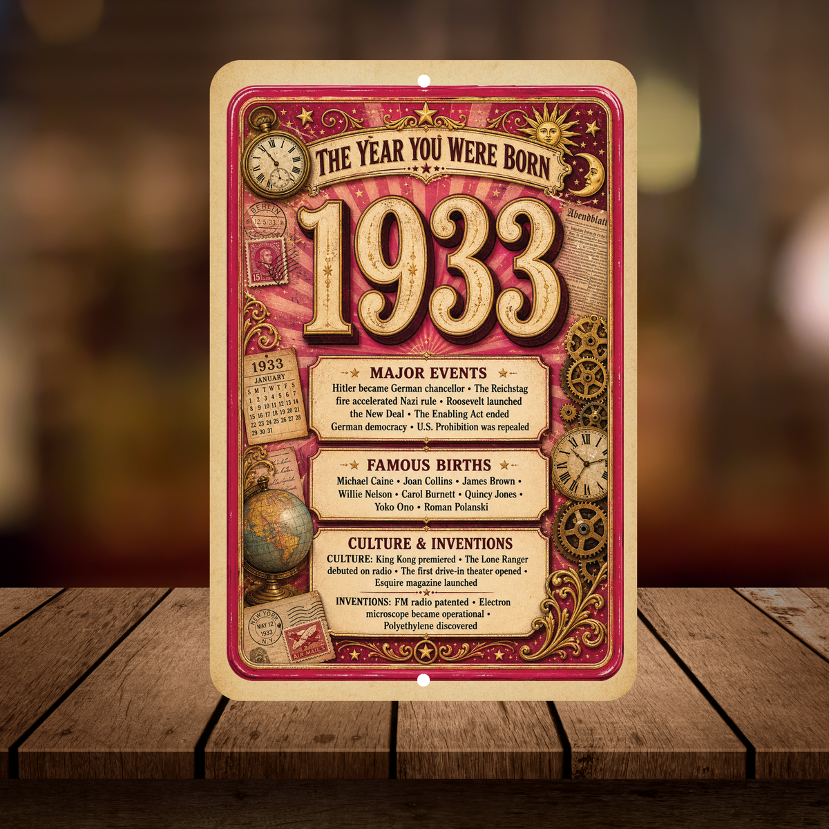 1933 The Year You Were Born Aluminum Sign – Vintage Birthday & Anniversary Gift