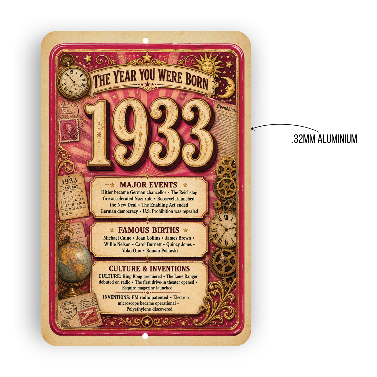 1933 The Year You Were Born Aluminum Sign – Vintage Birthday & Anniversary Gift