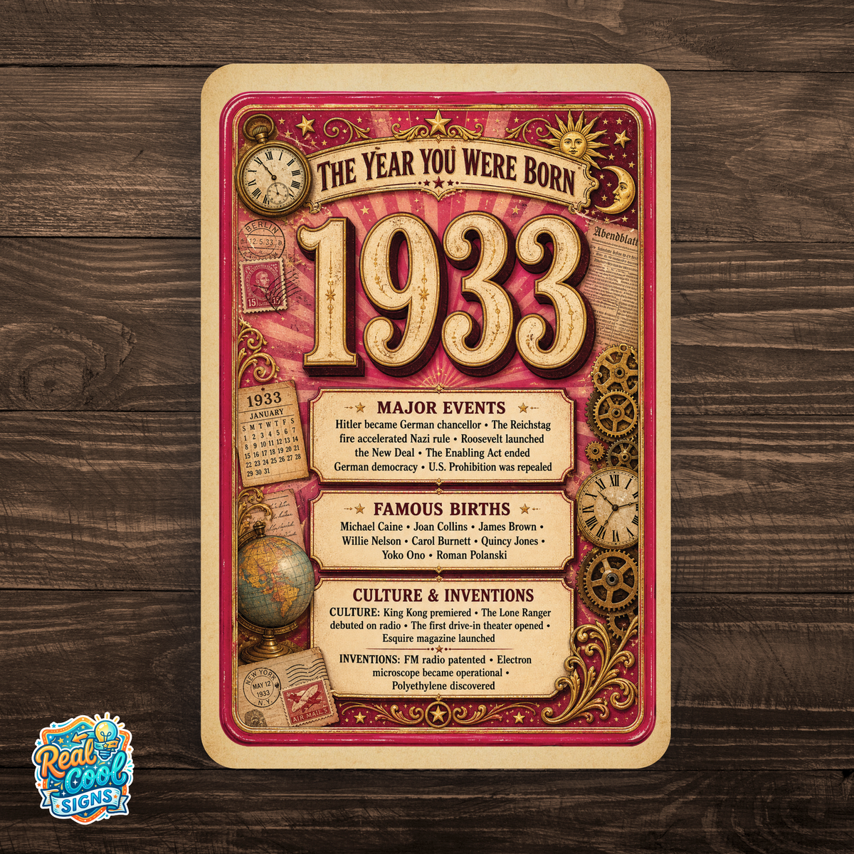 1933 The Year You Were Born Aluminum Sign – Vintage Birthday & Anniversary Gift