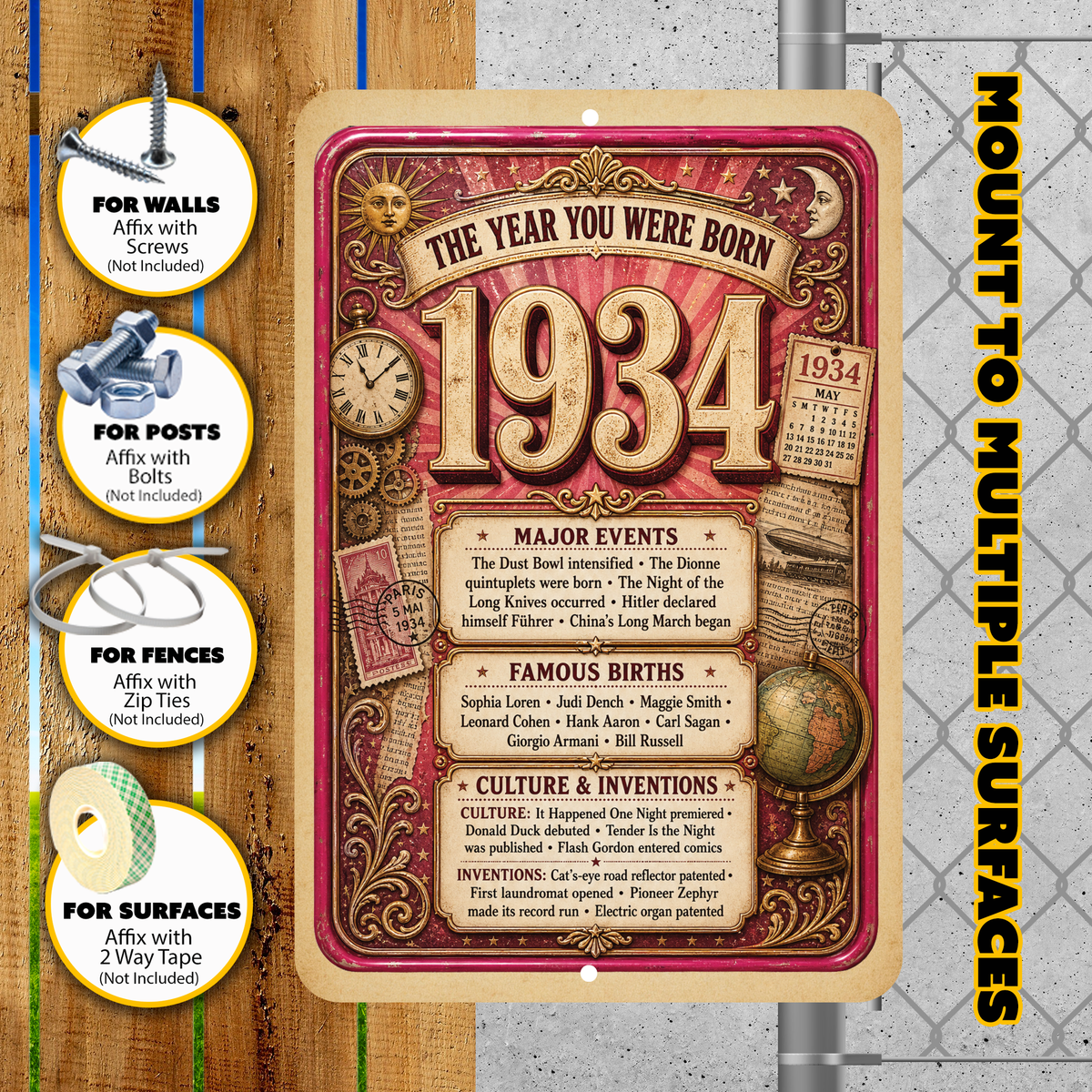 1934 The Year You Were Born Aluminum Sign – Vintage Birthday & Anniversary Gift