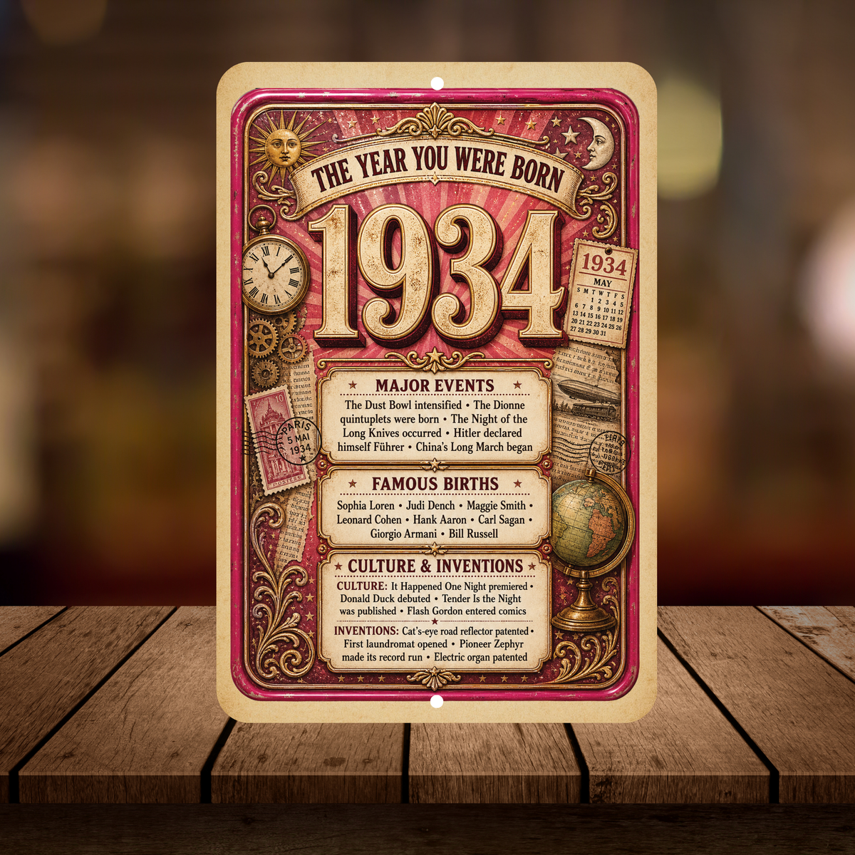 1934 The Year You Were Born Aluminum Sign – Vintage Birthday & Anniversary Gift