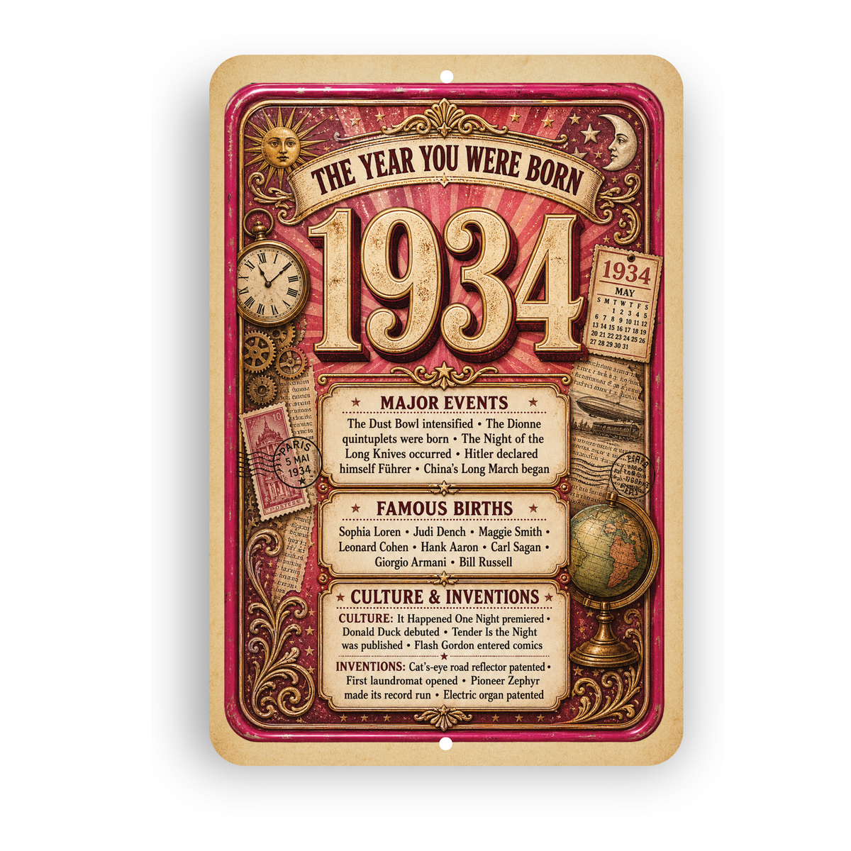 1934 The Year You Were Born Aluminum Sign – Vintage Birthday & Anniversary Gift