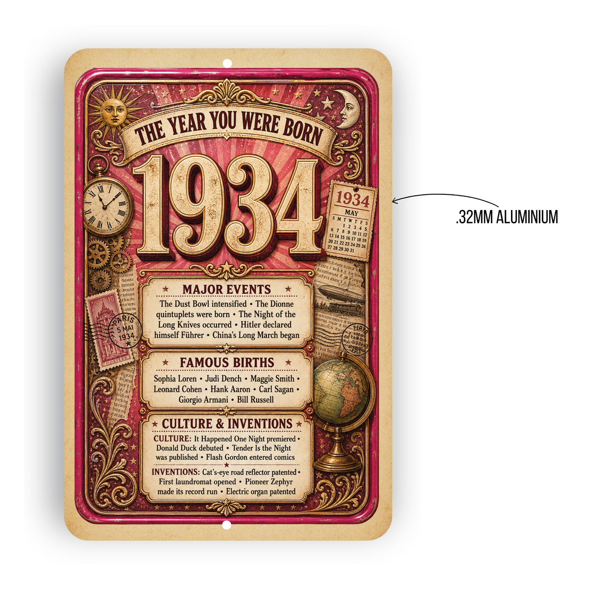 1934 The Year You Were Born Aluminum Sign – Vintage Birthday & Anniversary Gift