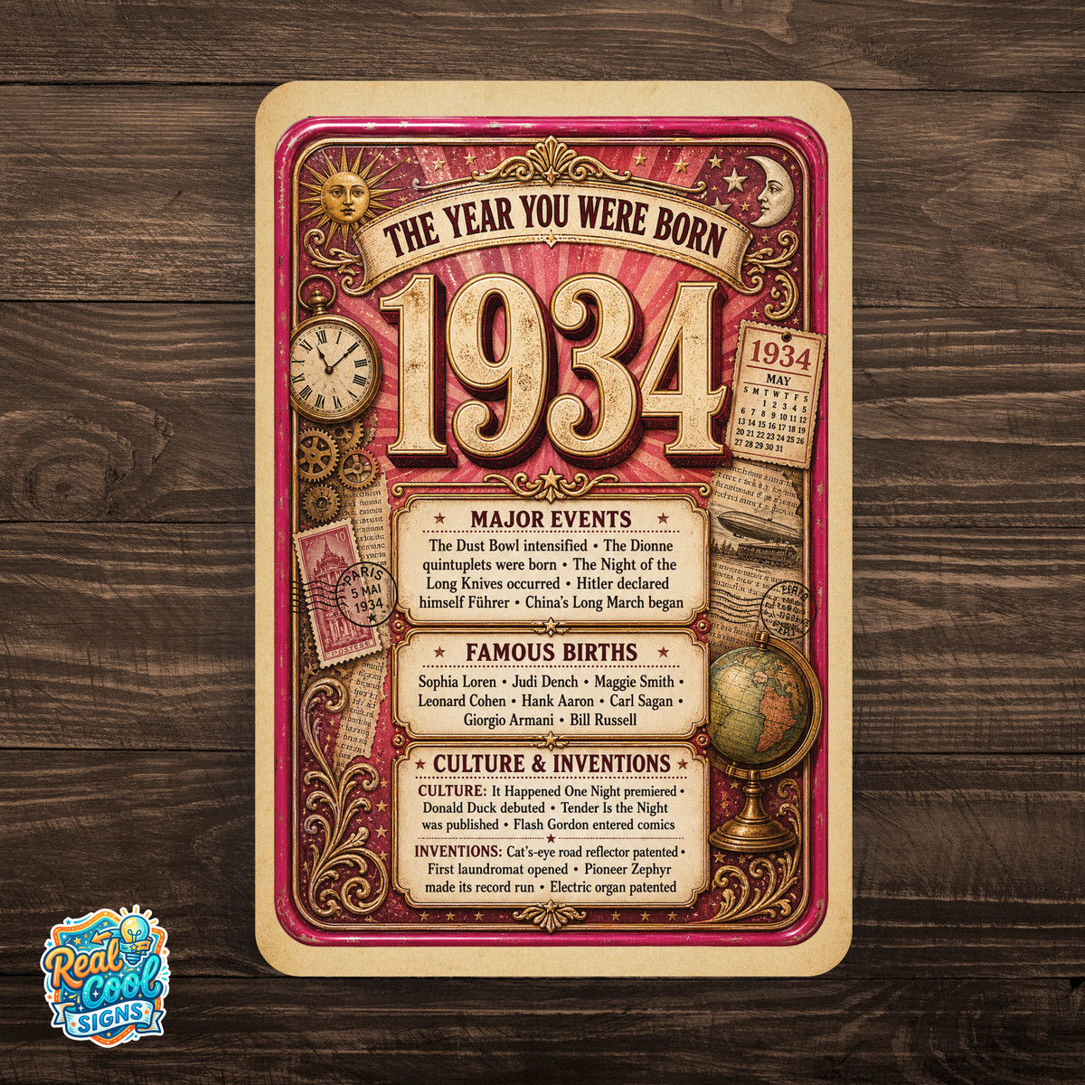 1934 The Year You Were Born Aluminum Sign – Vintage Birthday & Anniversary Gift