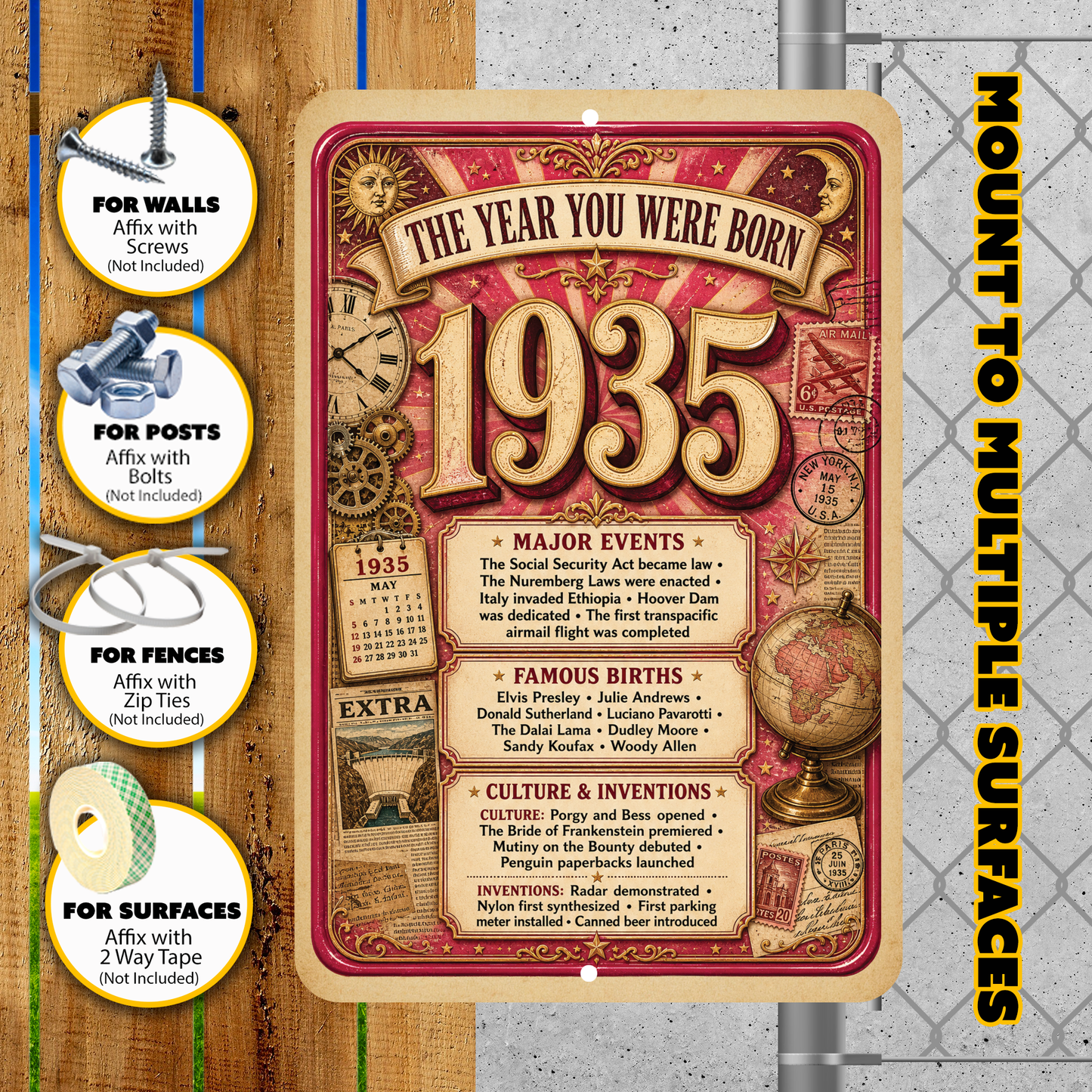 1935 The Year You Were Born Aluminum Sign – Vintage Birthday & Anniversary Gift