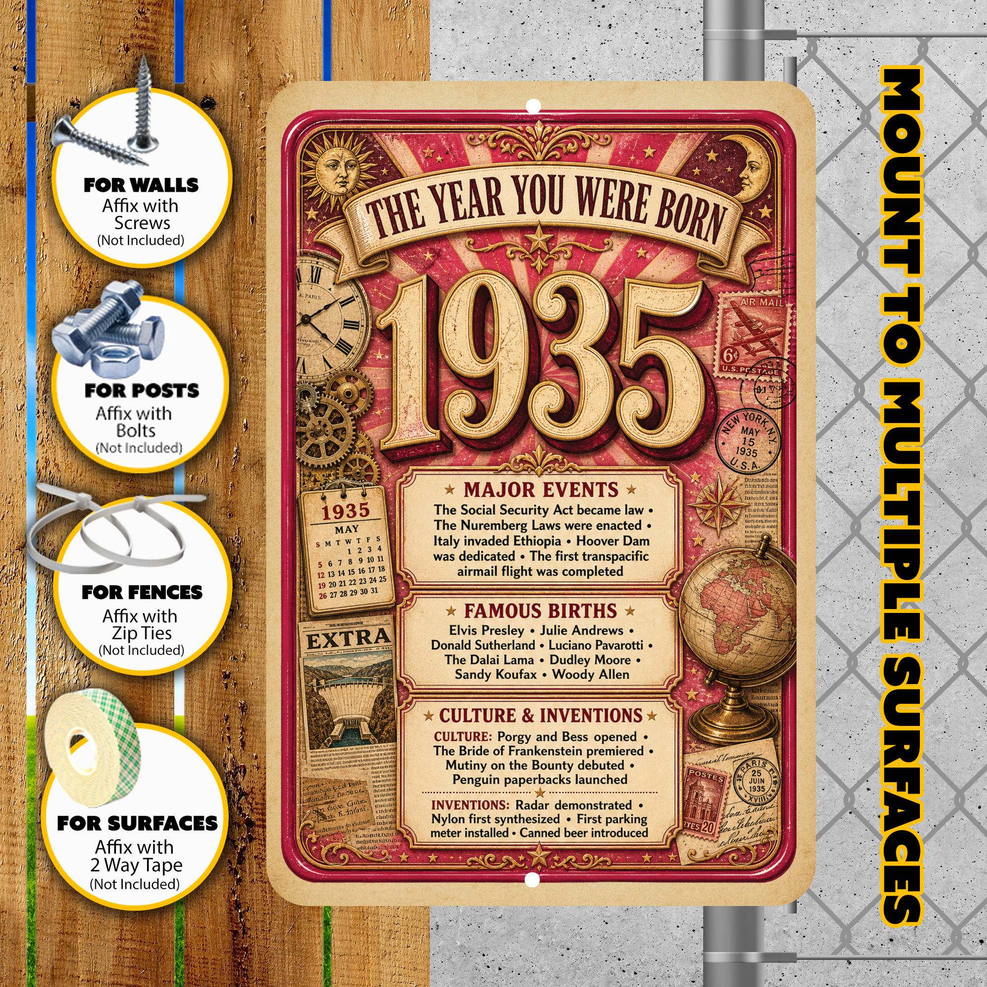 1935 The Year You Were Born Aluminum Sign – Vintage Birthday & Anniversary Gift