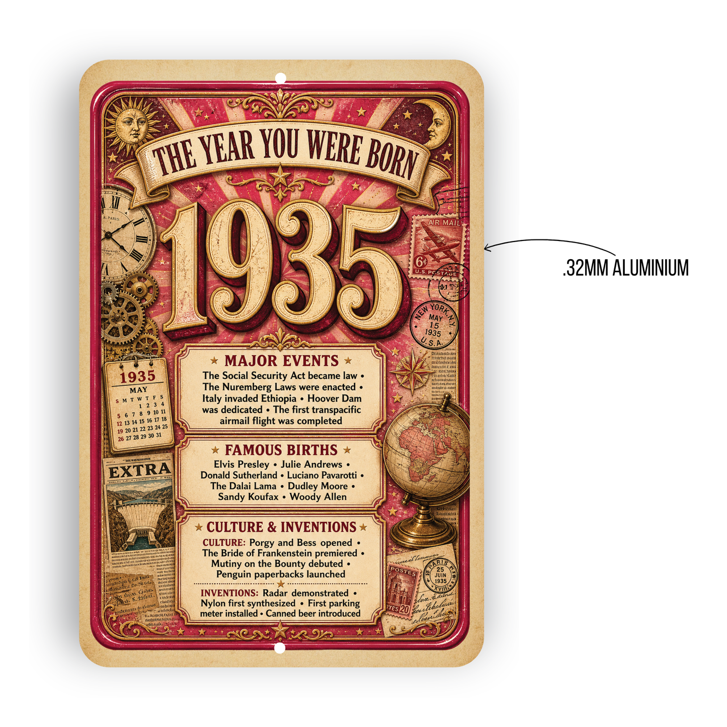 1935 The Year You Were Born Aluminum Sign – Vintage Birthday & Anniversary Gift