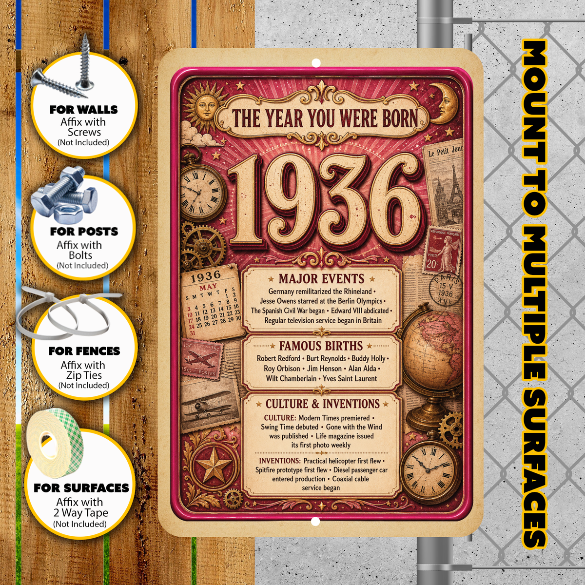 1936 The Year You Were Born Aluminum Sign – Vintage Birthday & Anniversary Gift