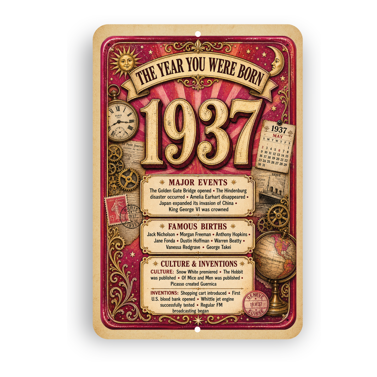1937 The Year You Were Born Aluminum Sign – Vintage Birthday & Anniversary Gift