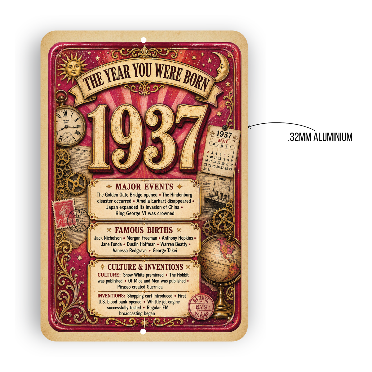 1937 The Year You Were Born Aluminum Sign – Vintage Birthday & Anniversary Gift