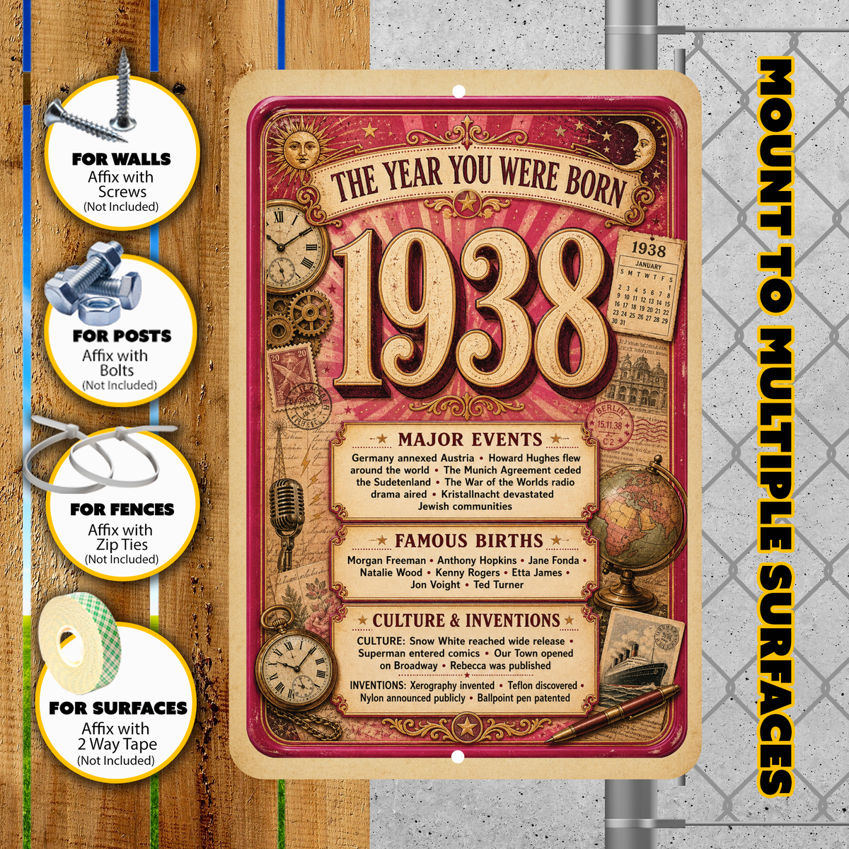 1938 The Year You Were Born Aluminum Sign – Vintage Birthday & Anniversary Gift