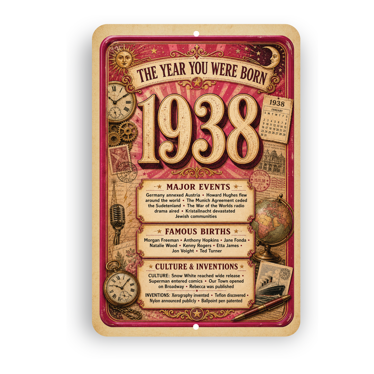 1938 The Year You Were Born Aluminum Sign – Vintage Birthday & Anniversary Gift