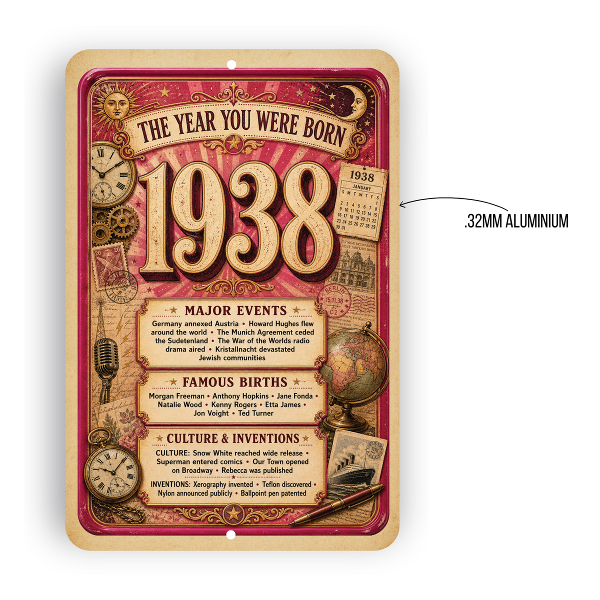 1938 The Year You Were Born Aluminum Sign – Vintage Birthday & Anniversary Gift