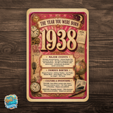 1938 The Year You Were Born Aluminum Sign – Vintage Birthday & Anniversary Gift