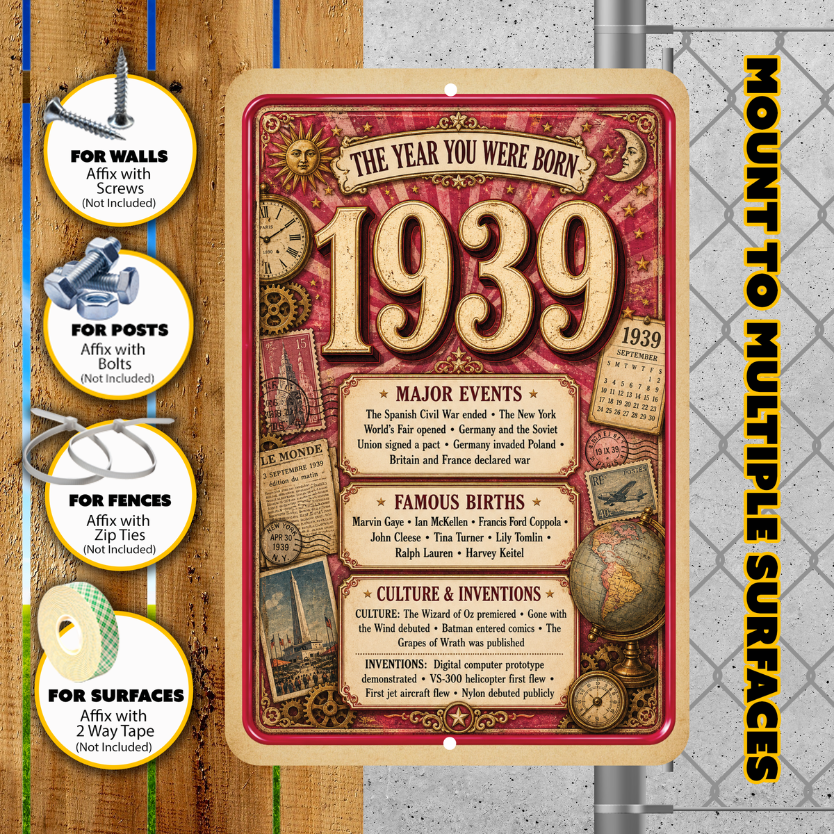 1939 The Year You Were Born Aluminum Sign – Vintage Birthday & Anniversary Gift