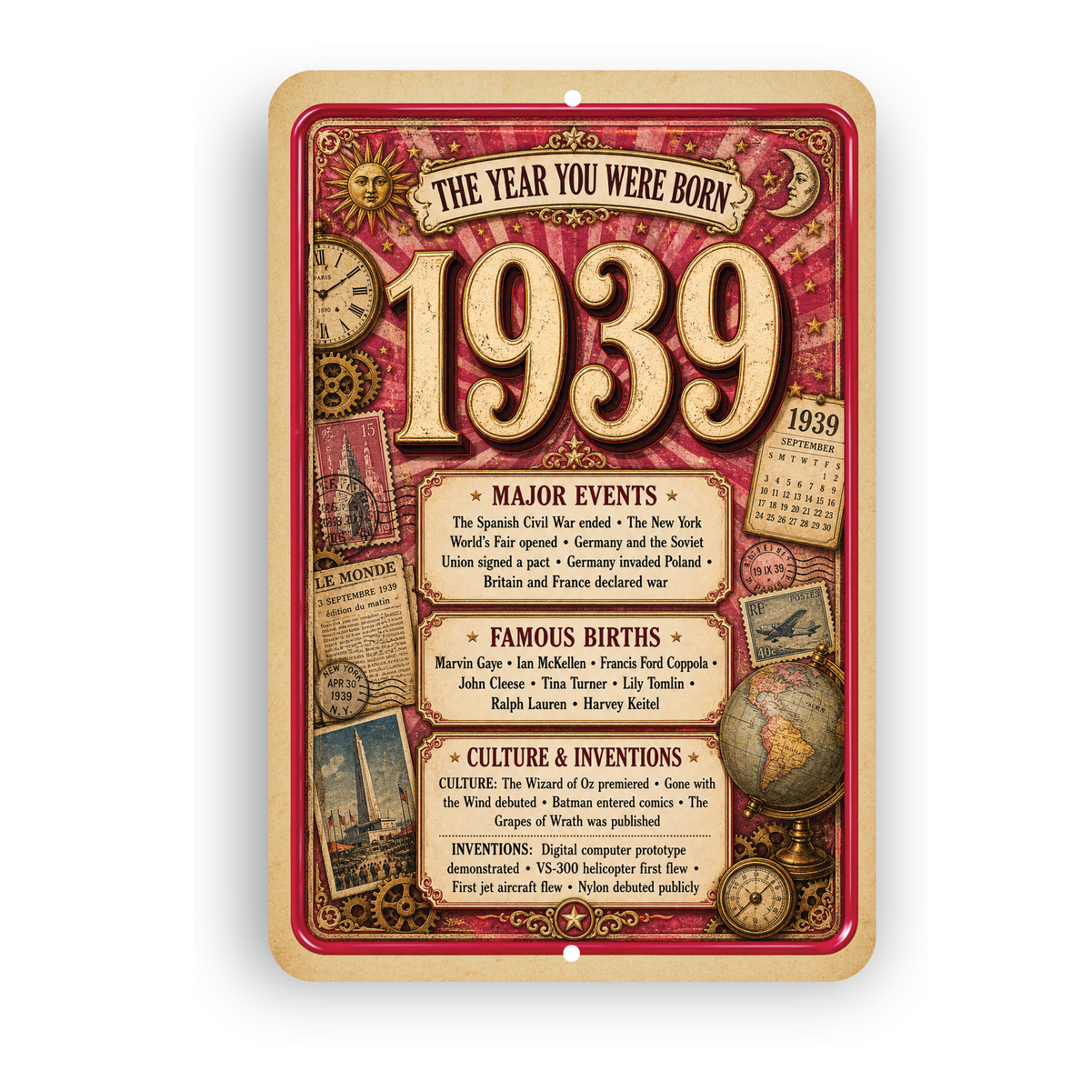 1939 The Year You Were Born Aluminum Sign – Vintage Birthday & Anniversary Gift