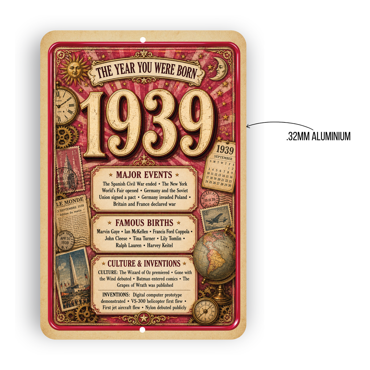 1939 The Year You Were Born Aluminum Sign – Vintage Birthday & Anniversary Gift