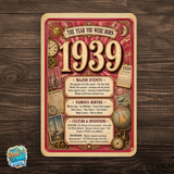 1939 The Year You Were Born Aluminum Sign – Vintage Birthday & Anniversary Gift