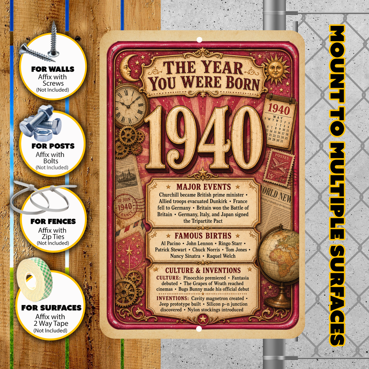 1940 The Year You Were Born Aluminum Sign – Vintage Birthday & Anniversary Gift