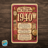 1940 The Year You Were Born Aluminum Sign – Vintage Birthday & Anniversary Gift