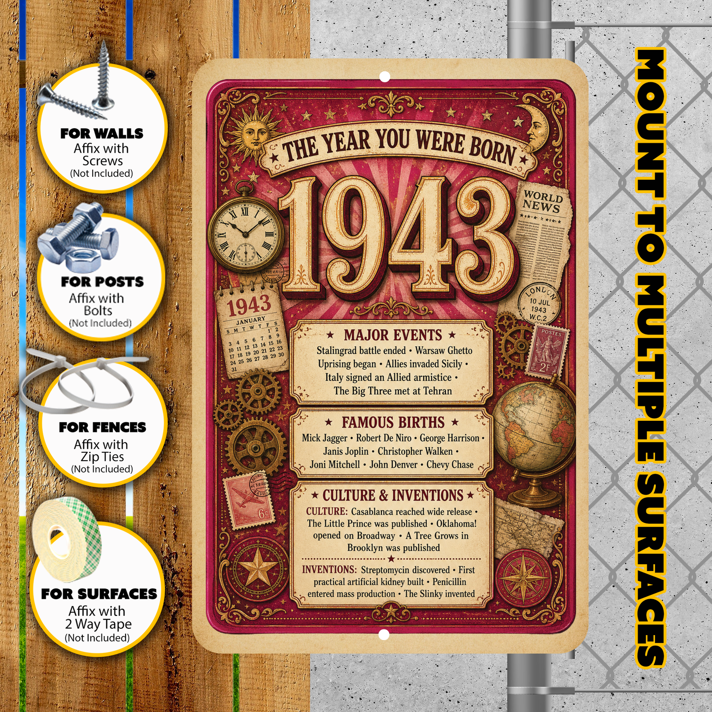 1943 The Year You Were Born Aluminum Sign – Vintage Birthday & Anniversary Gift