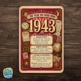 1943 The Year You Were Born Aluminum Sign – Vintage Birthday & Anniversary Gift