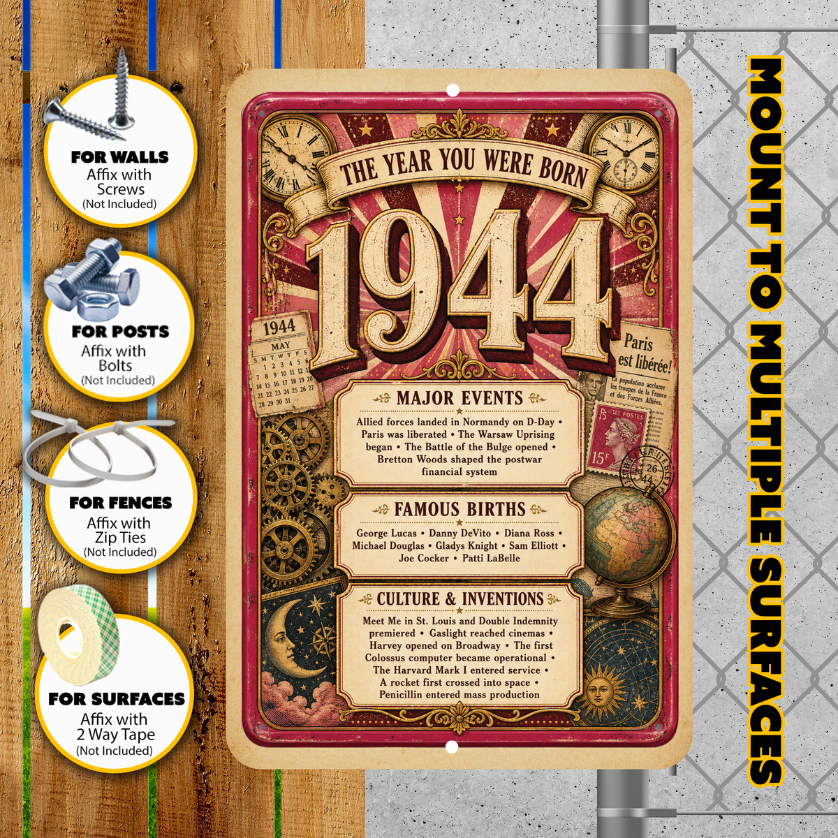 1944 The Year You Were Born Aluminum Sign – Vintage Birthday & Anniversary Gift