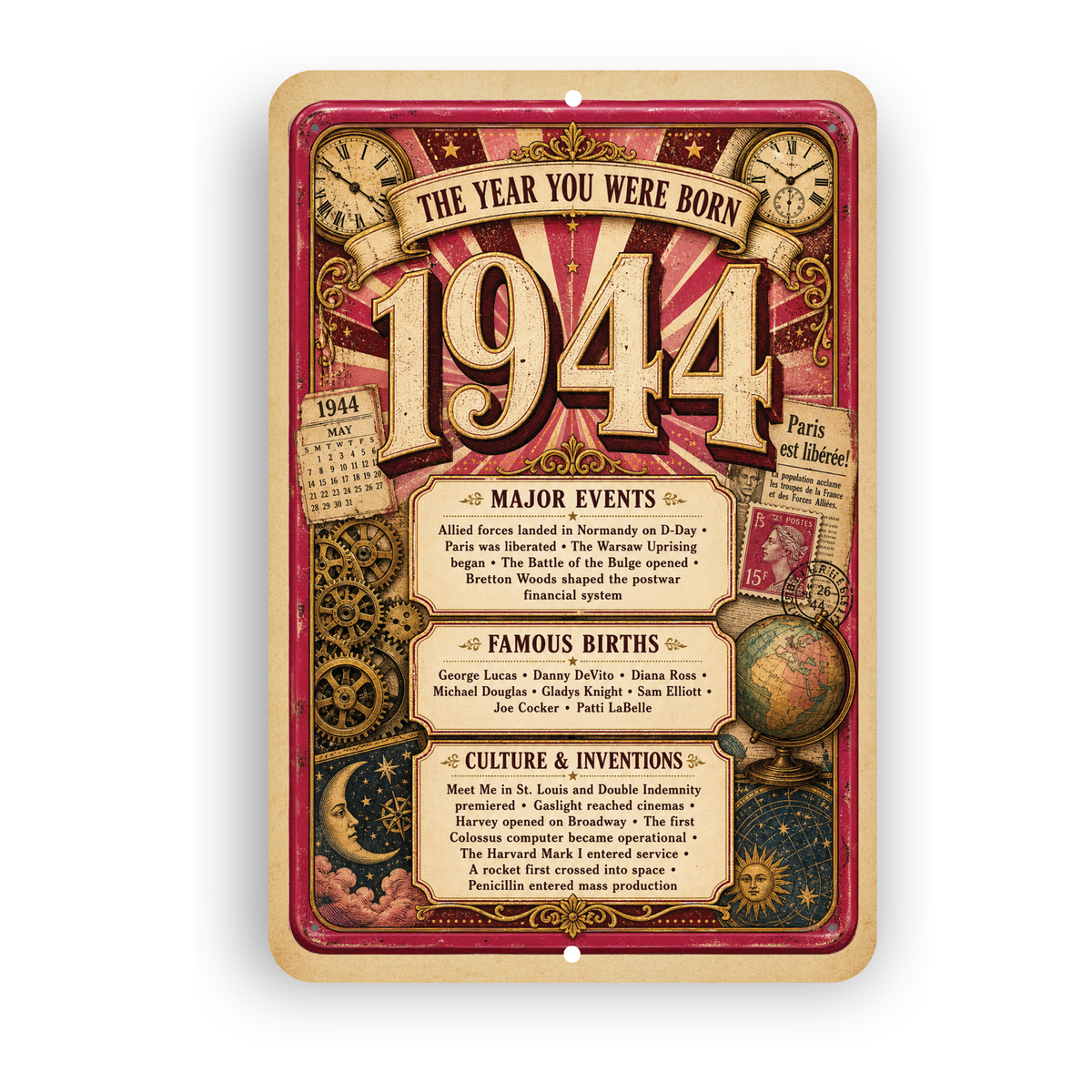 1944 The Year You Were Born Aluminum Sign – Vintage Birthday & Anniversary Gift