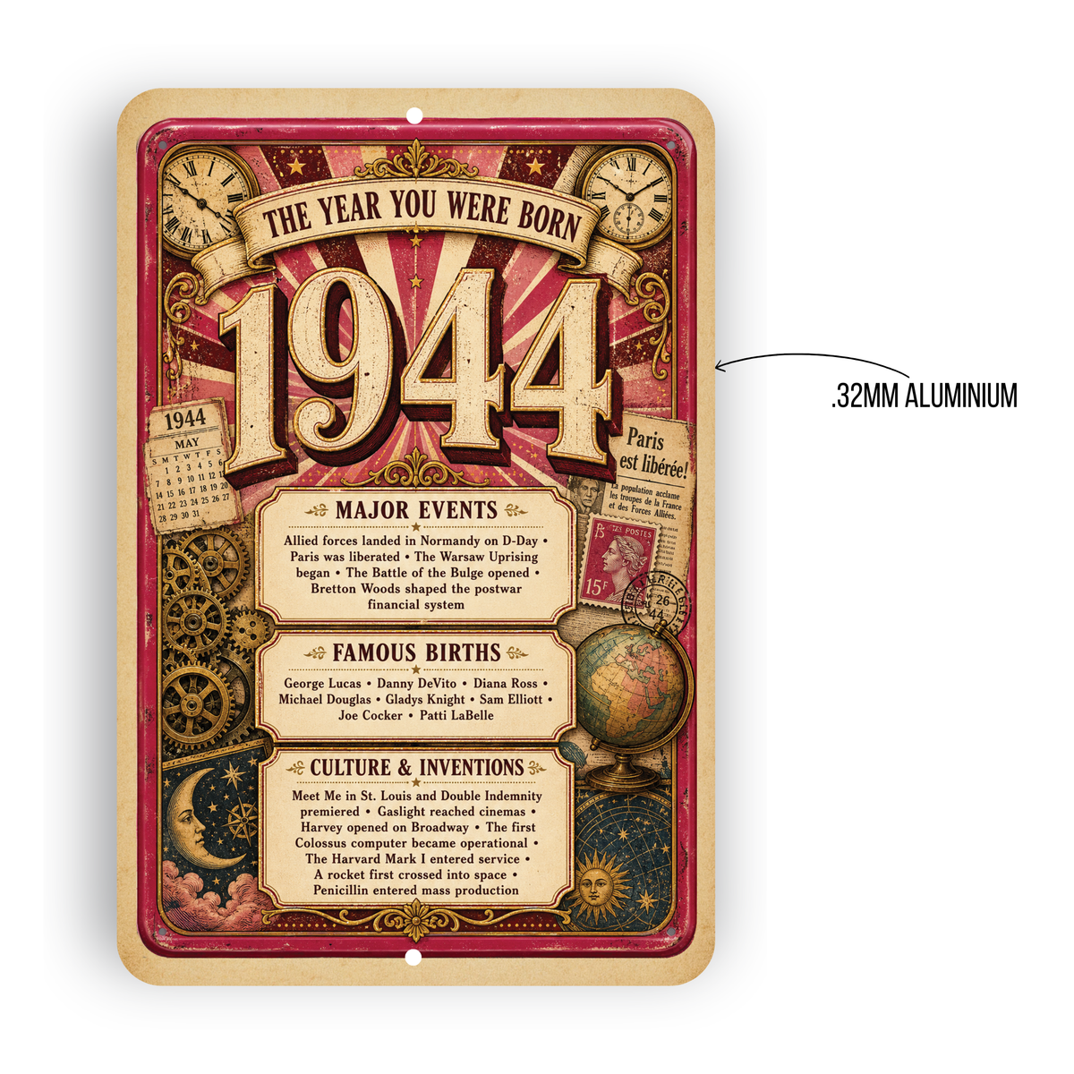 1944 The Year You Were Born Aluminum Sign – Vintage Birthday & Anniversary Gift