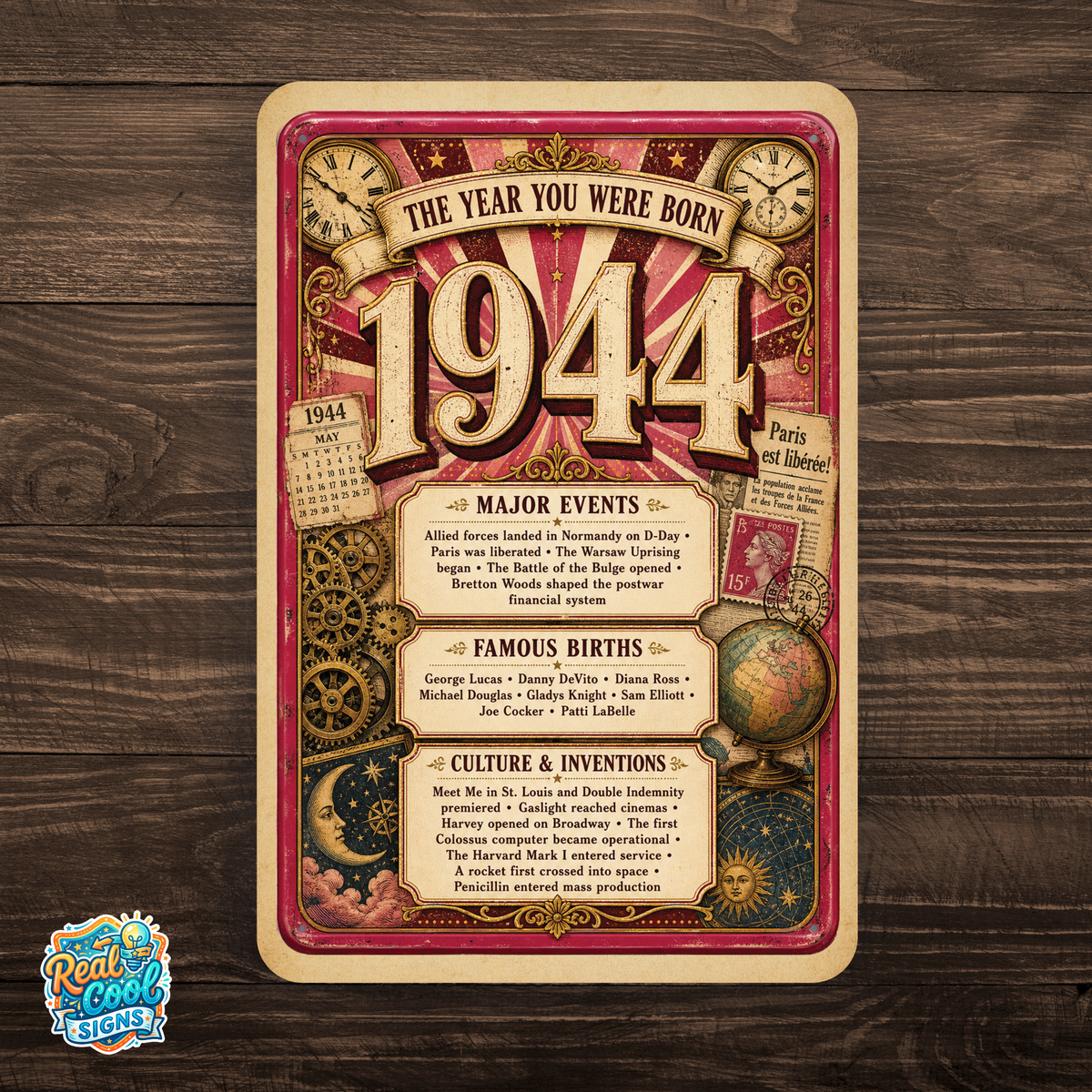 1944 The Year You Were Born Aluminum Sign – Vintage Birthday & Anniversary Gift