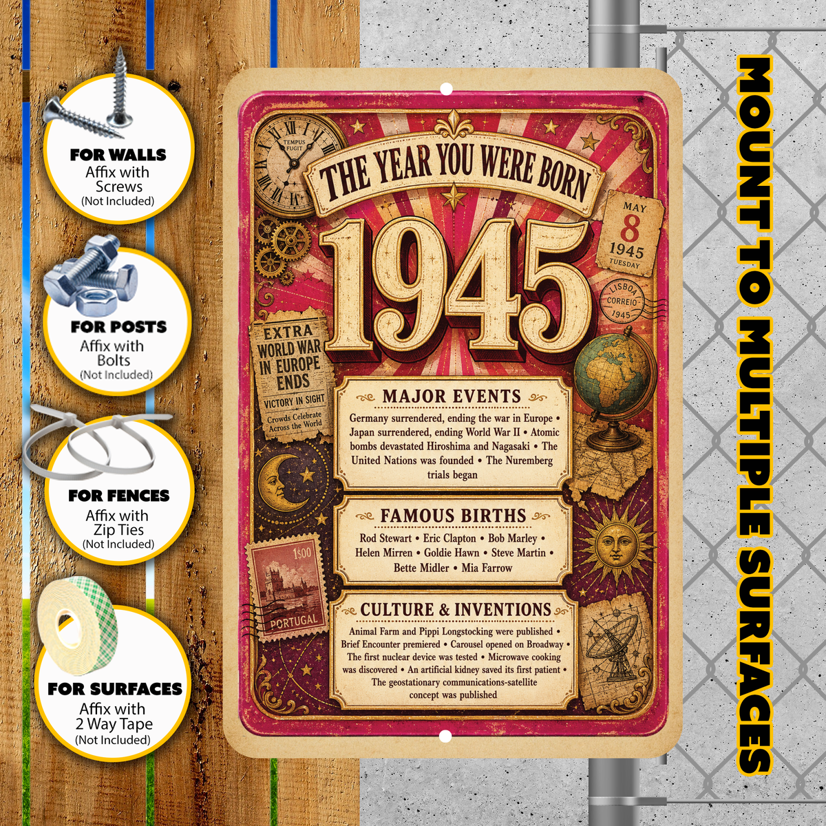 1945 The Year You Were Born Aluminum Sign – Vintage Birthday & Anniversary Gift