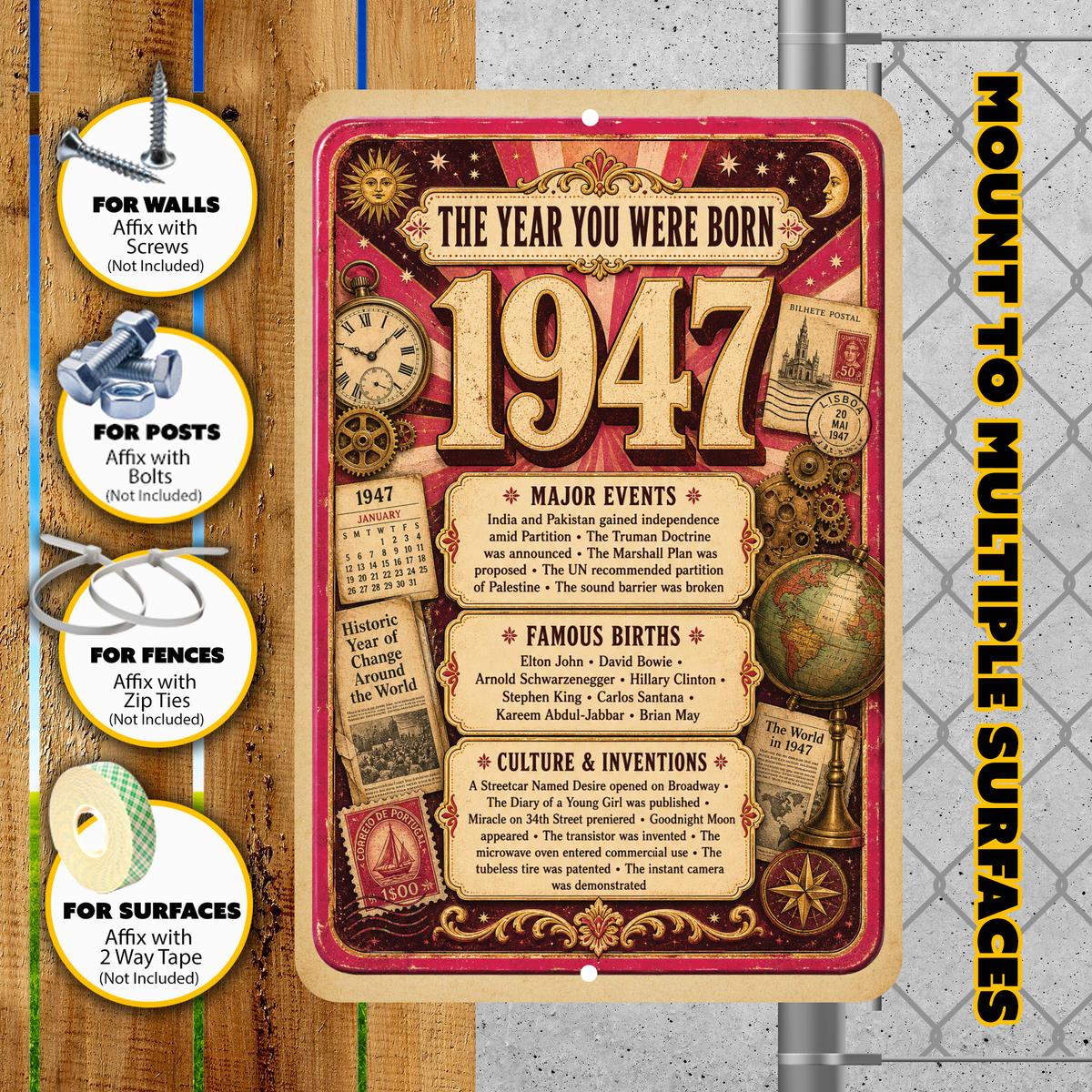 1947 The Year You Were Born Aluminum Sign – Vintage Birthday & Anniversary Gift