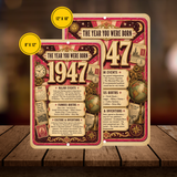 1947 The Year You Were Born Aluminum Sign – Vintage Birthday & Anniversary Gift