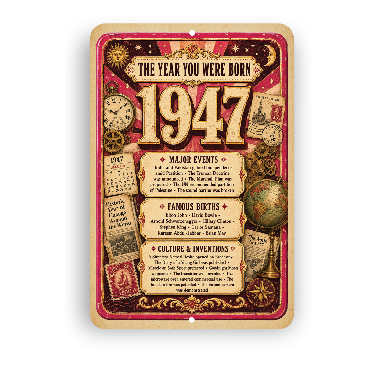 1947 The Year You Were Born Aluminum Sign – Vintage Birthday & Anniversary Gift