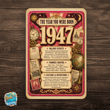1947 The Year You Were Born Aluminum Sign – Vintage Birthday & Anniversary Gift