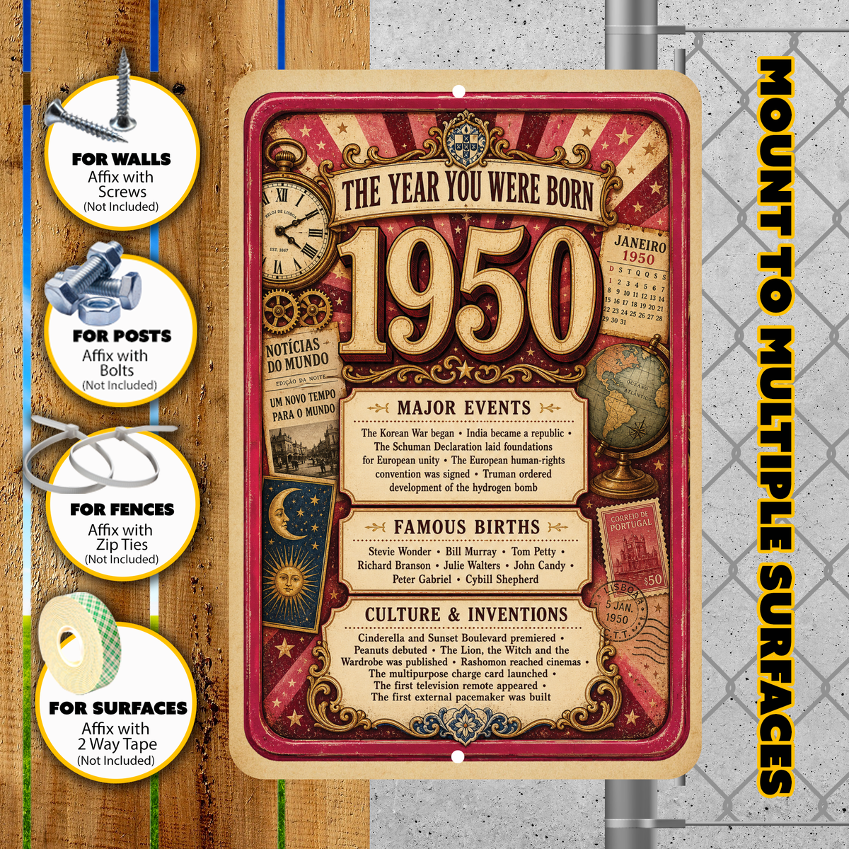 1950 The Year You Were Born Aluminum Sign – Vintage Birthday & Anniversary Gift