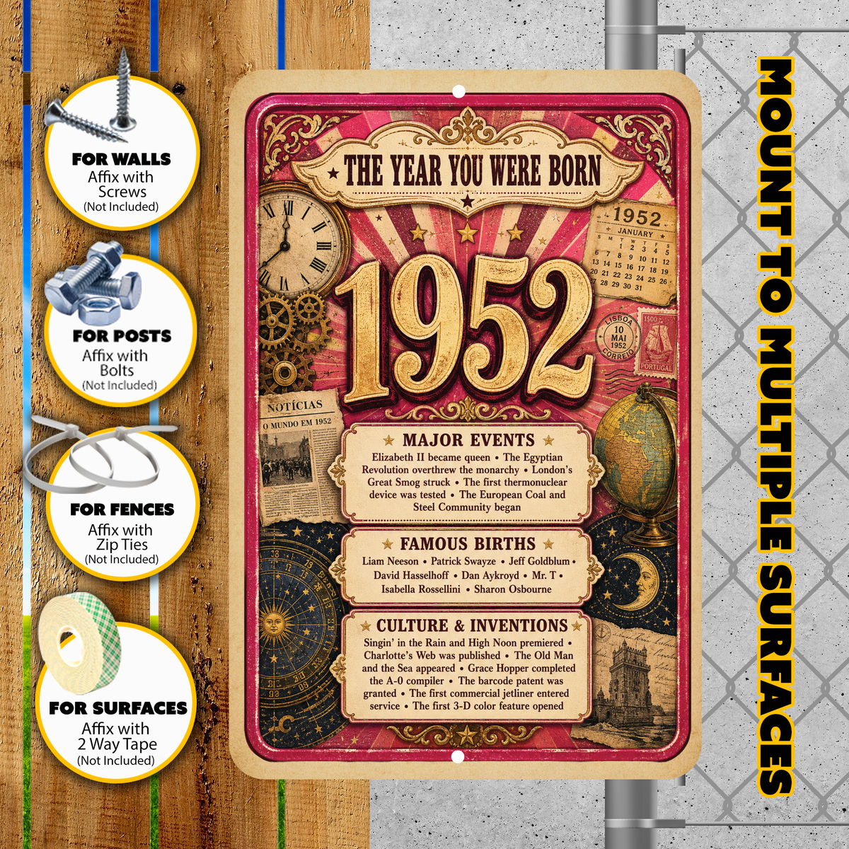1952 The Year You Were Born Aluminum Sign – Vintage Birthday & Anniversary Gift