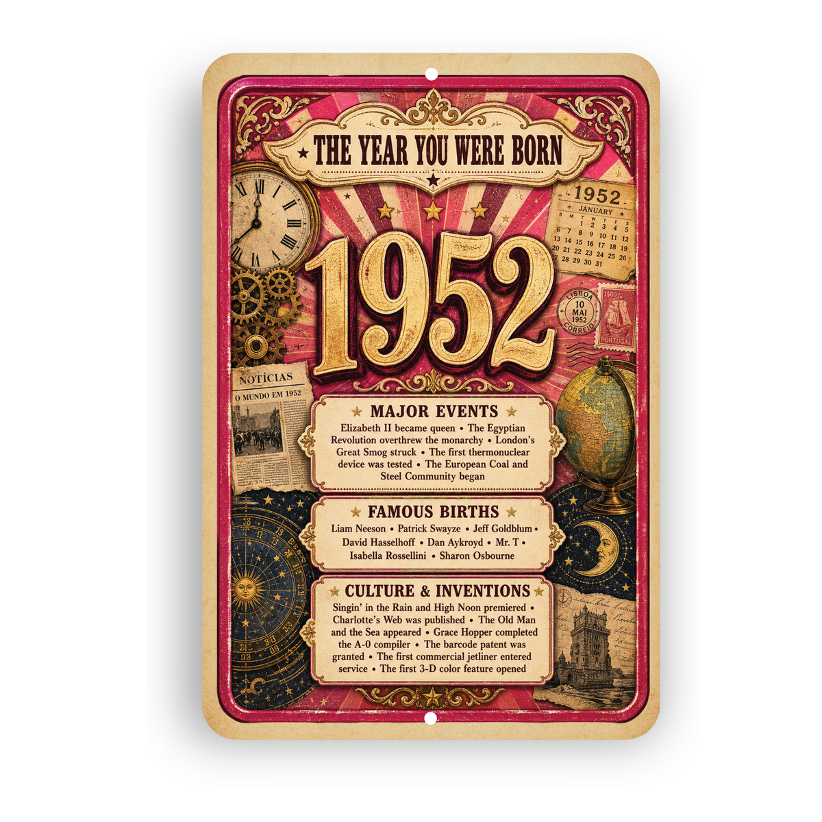 1952 The Year You Were Born Aluminum Sign – Vintage Birthday & Anniversary Gift