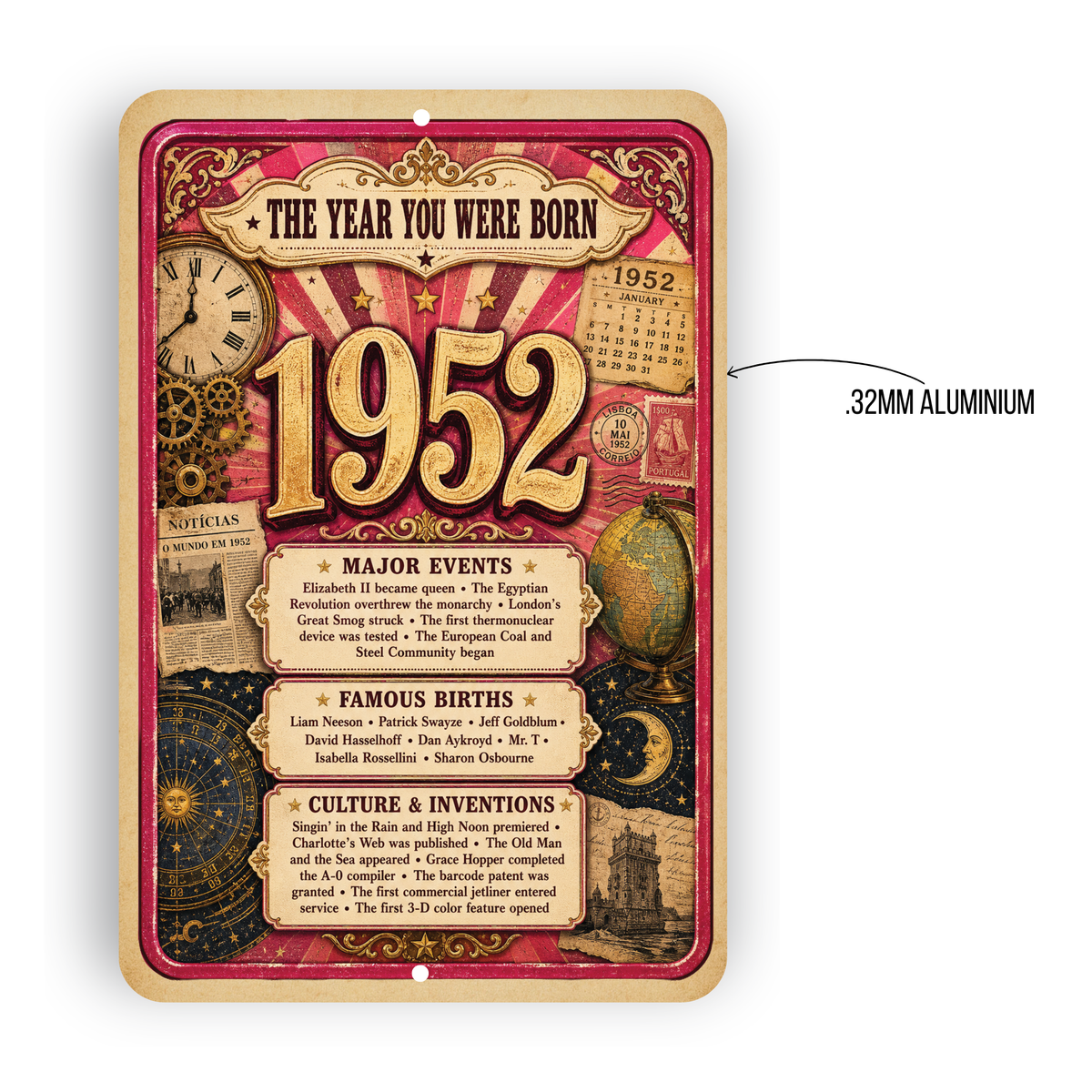 1952 The Year You Were Born Aluminum Sign – Vintage Birthday & Anniversary Gift