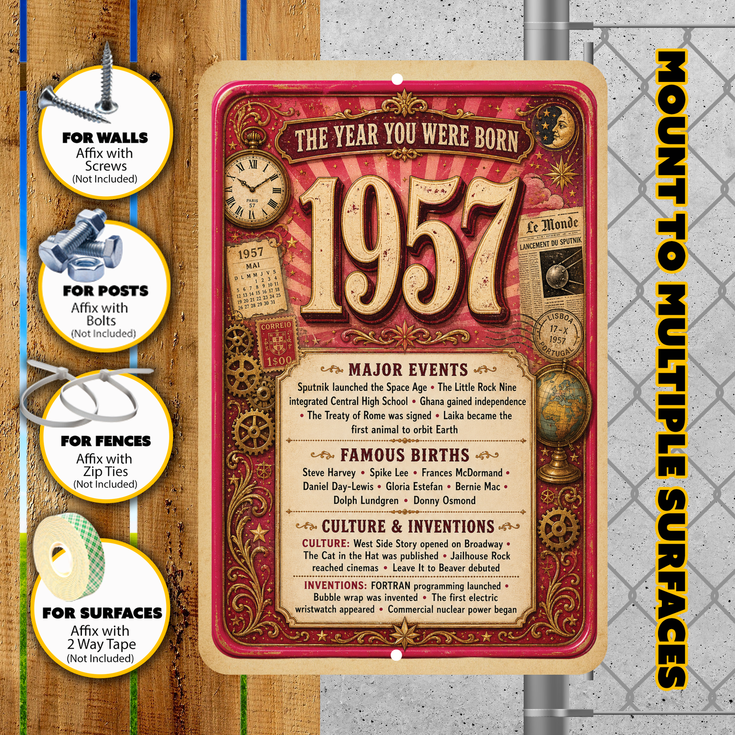 1957 The Year You Were Born Aluminum Sign – Vintage Birthday & Anniversary Gift