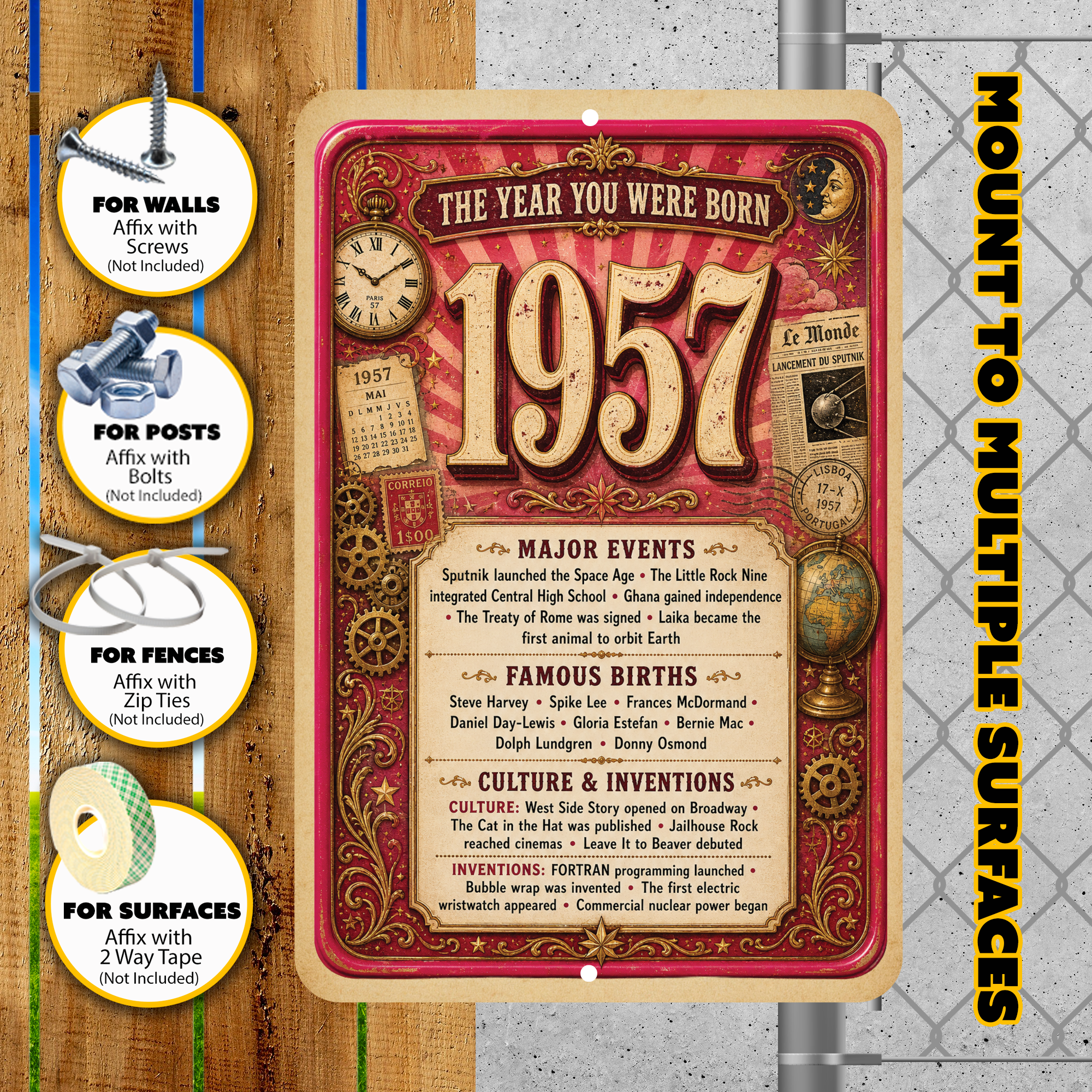 1957 The Year You Were Born Aluminum Sign – Vintage Birthday & Anniversary Gift
