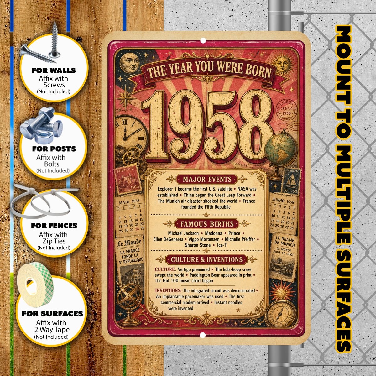 1958 The Year You Were Born Aluminum Sign – Vintage Birthday & Anniversary Gift