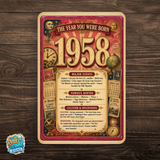1958 The Year You Were Born Aluminum Sign – Vintage Birthday & Anniversary Gift