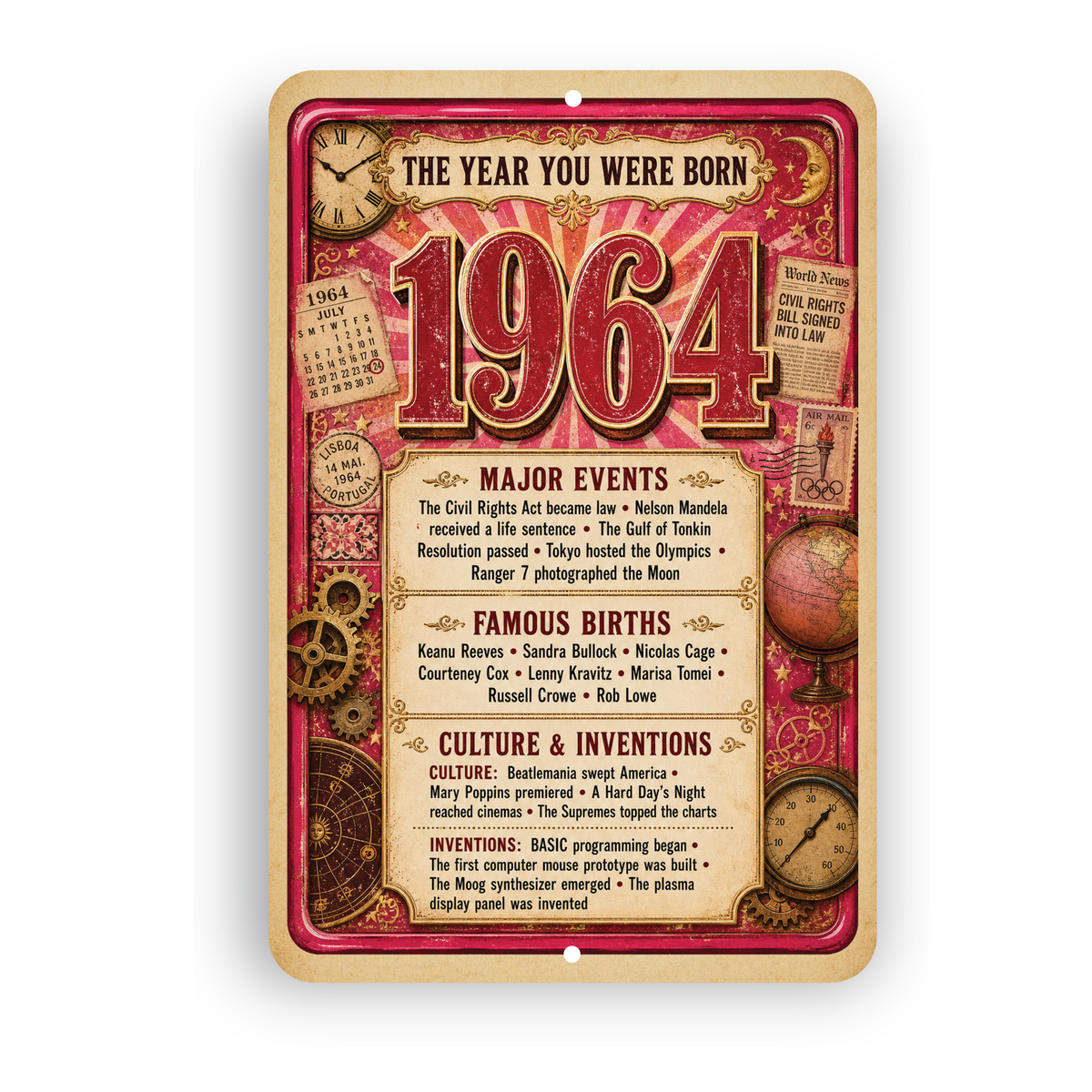 1964 The Year You Were Born Aluminum Sign – Vintage Birthday & Anniversary Gift