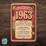 1963 The Year You Were Born Aluminum Sign – Vintage Birthday & Anniversary Gift