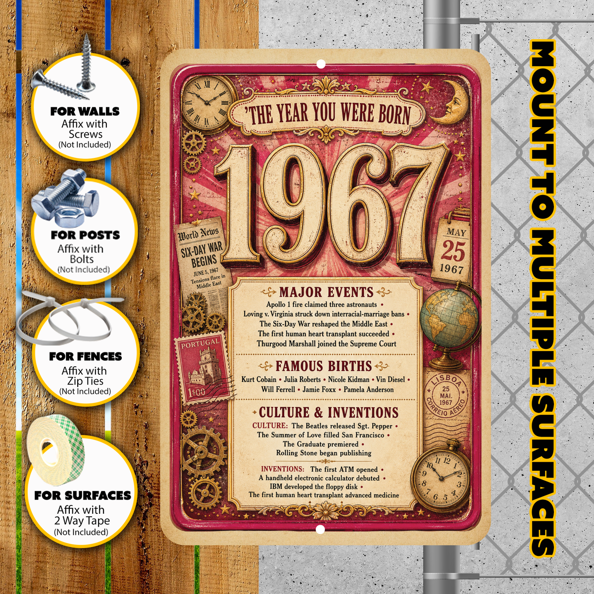 1967 The Year You Were Born Aluminum Sign – Vintage Birthday & Anniversary Gift