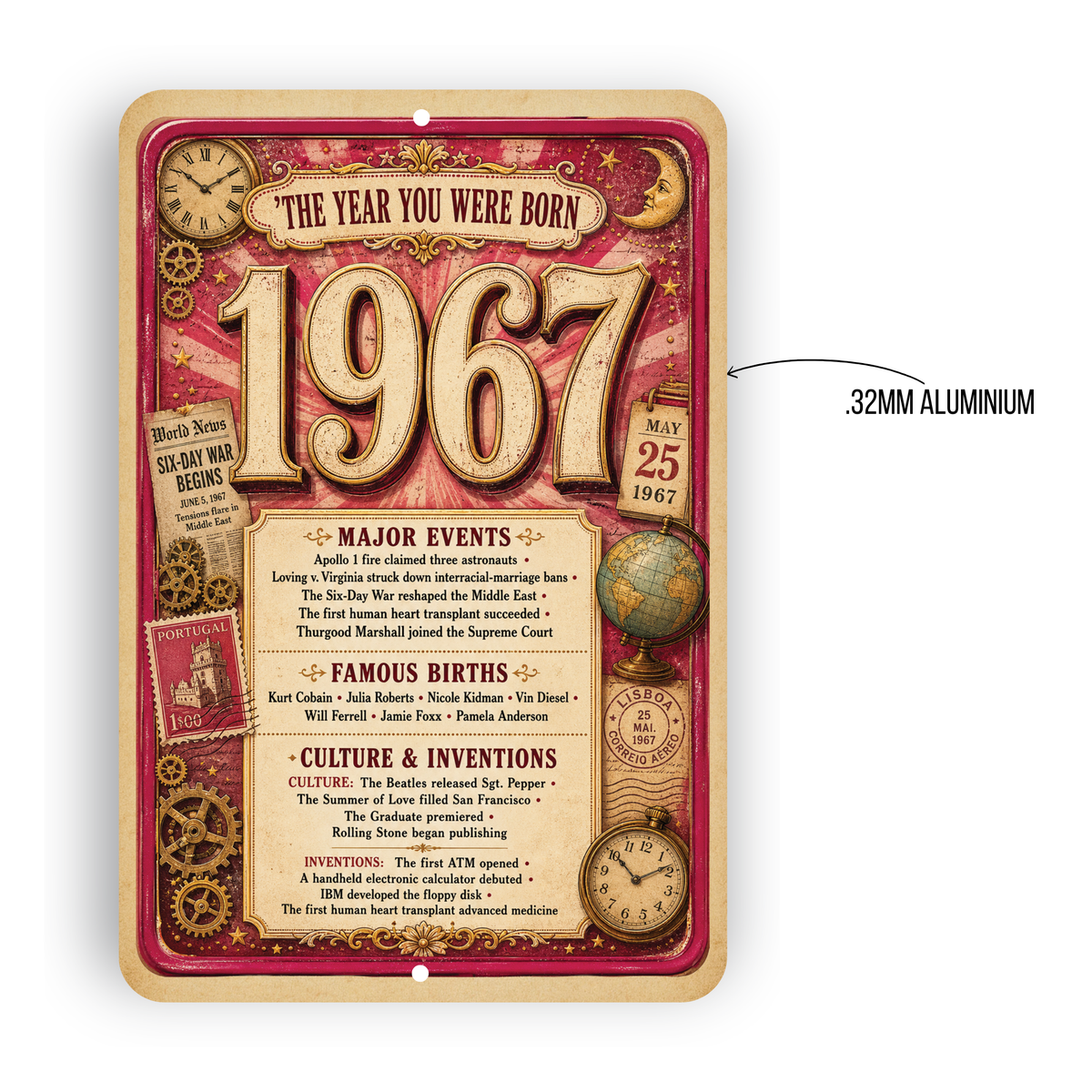 1967 The Year You Were Born Aluminum Sign – Vintage Birthday & Anniversary Gift